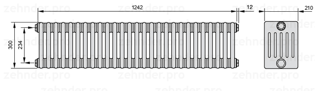 Схема (чертеж) Радиатор Zehnder Charleston 6030/27 №1270 Белый глянцевый RAL 9016
